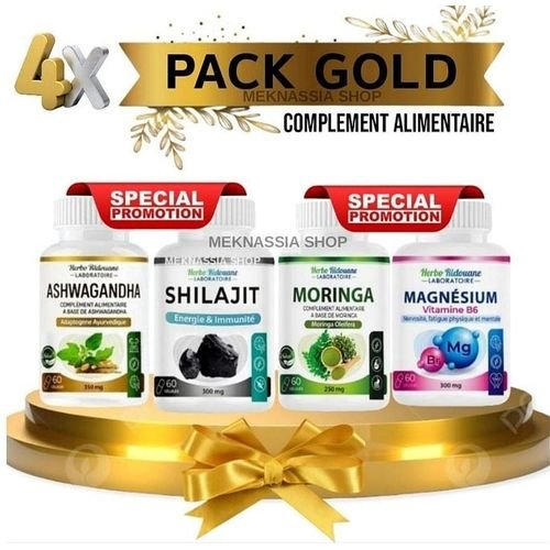 Pack Gold 4 En 1 Gélules – Shilajit, Ashwagandha, Magnésium, Moringa (60 Gélules) - Image 1 of 3