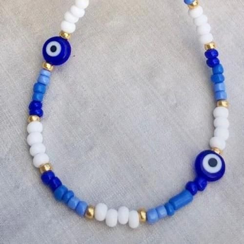 Choker Collier Œil Grec & Perle Blanc Et Bleu - Image 1 of 3