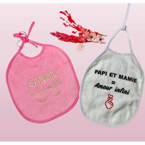 Pack 2 Bavoirs Pour Bébé - Tablier Dalimentation Ca Non De Mère En Fille / Papi Et Mamie = Amour Infini Pour Bébé Fille - Image 1 of 3