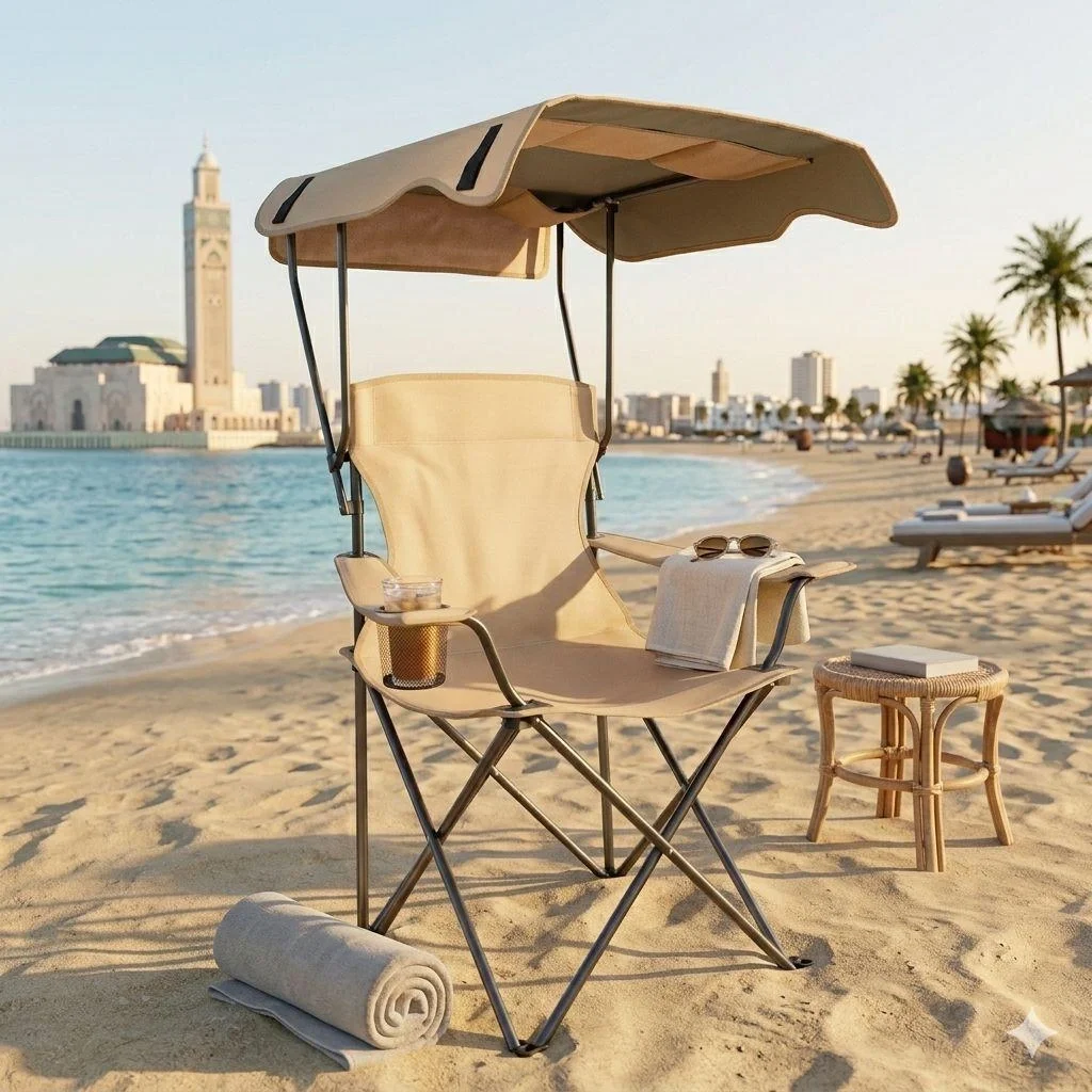 Chaise De Camping Pliante Avec Auvent Pare-soleil – Cadre Aluminium Et Porte-gobelet - Image 1 of 3