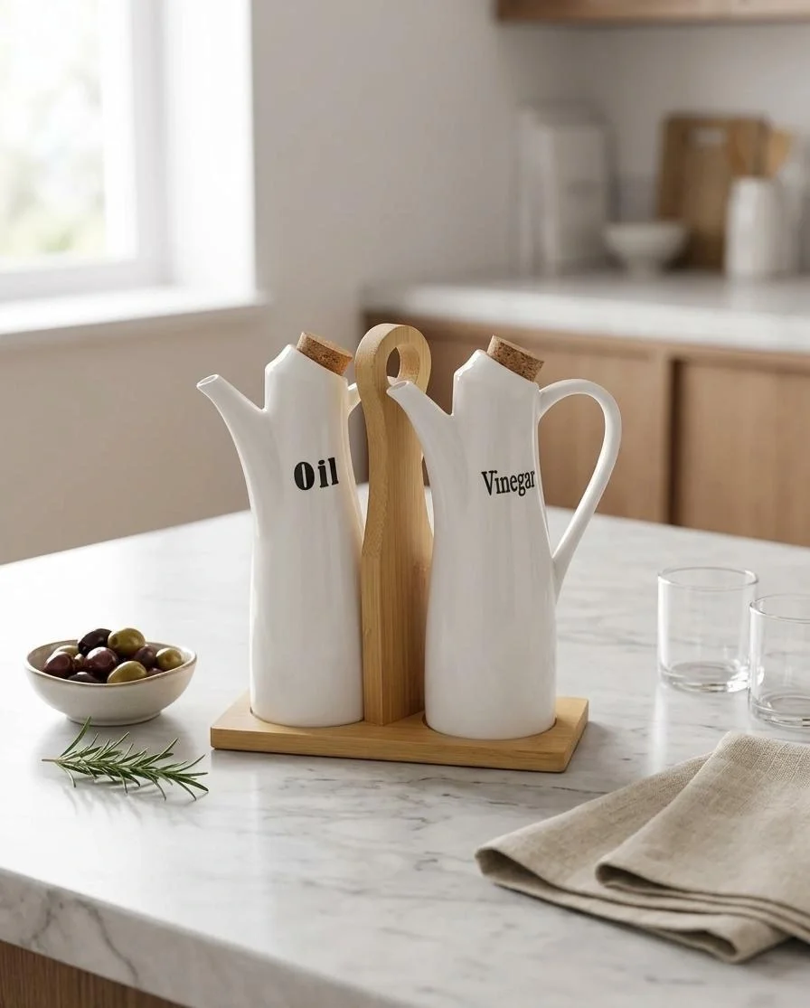 Set de 2 huiliers en porcelaine blanche avec plateau en bambou et couvercles en liège  - Image 1 of 2