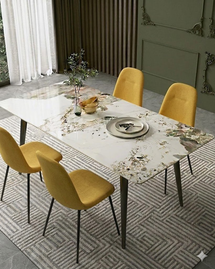 Pack Arthur – Table En Pierre Frittée Effet Marbre & 4 Chaises Renne Jaune - Image 1 of 4