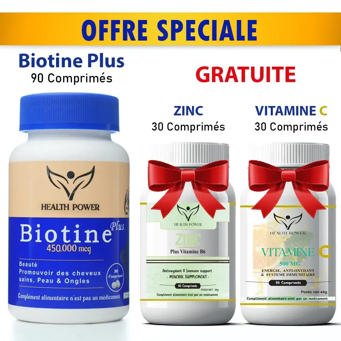 Pack Biotine Plus 450 000 Mcg 90 Comprimés + Zinc 30 Comprimés Offert + Vitamine C 30 Comprimés Offerte - Image 1 of 4