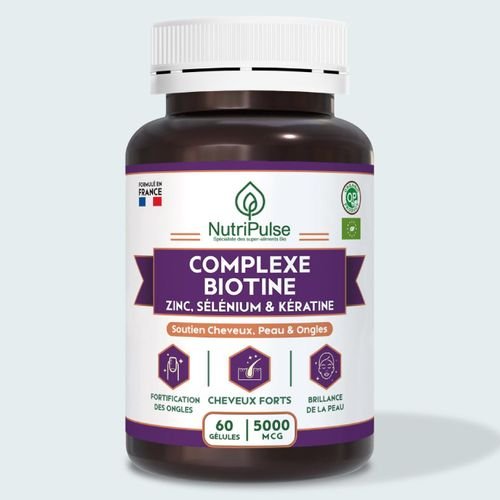 Complexe Biotine 5000 Mcg Zinc Sélénium & Kératine – Cheveux Forts - Peau Radieuse & Ongles Renforcés 60 Gélules - Image 1 of 1