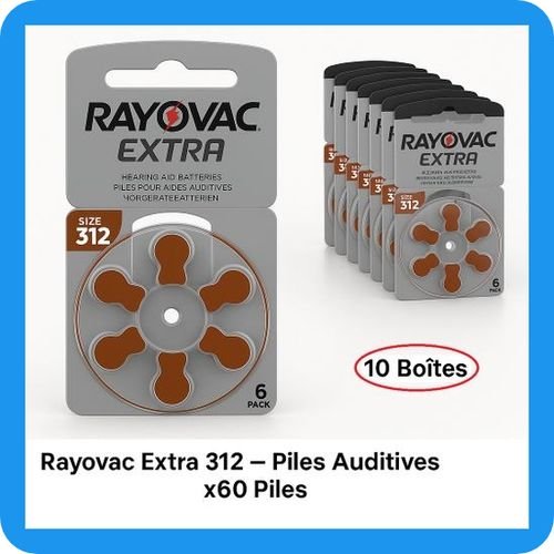 Rayovac Extra 312 – Piles Auditives Zinc-air (x60 Piles – Lot De 10 Boîtes) – Longue Durée – Appareils Auditifs - Image 1 of 2