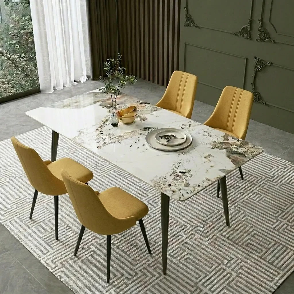 Pack Arthur – Table En Pierre Frittée Effet Marbre & 4 Chaises Mani Jaune Moutarde - Image 1 of 4