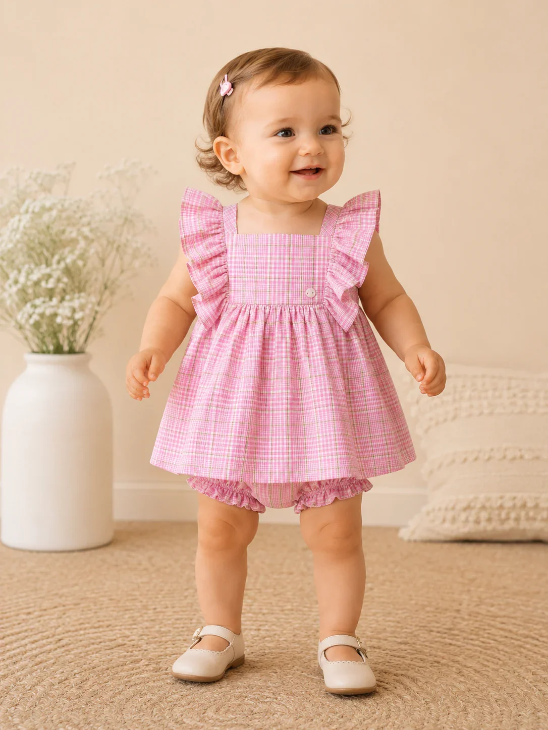 Ensemble Bébé Fille 2 Pièces – Robe À Carreaux Rose & Bloomer Assorti - Image 1 of 3