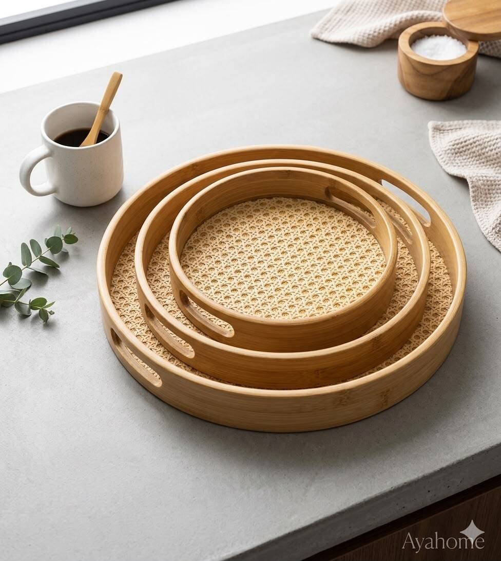 Lot De 3 Plateaux Rond En Bambou Naturel Et Rotin Tressé  - Image 1 of 4