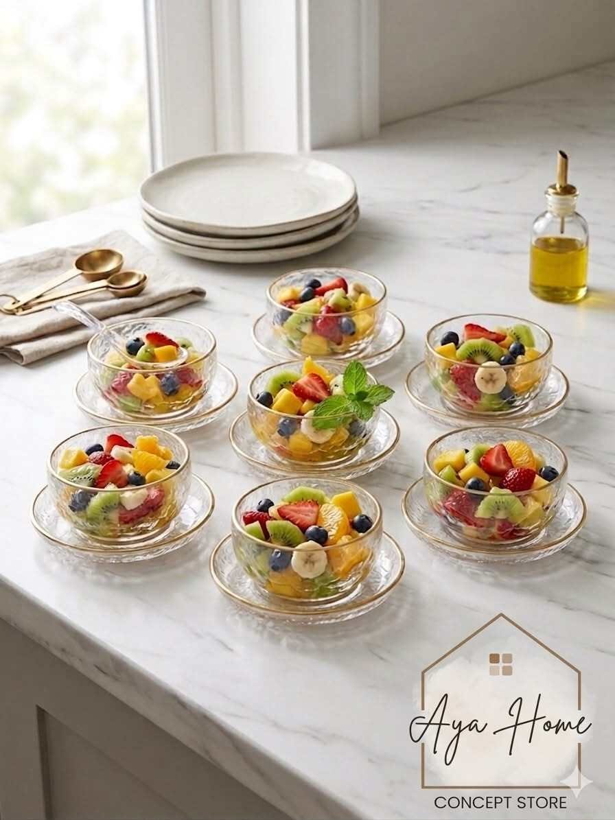 Set 12 Pièces – 6 Bols En Verre & 6 Soucoupes À Bordure Dorée – Design Texturé - Image 1 of 2