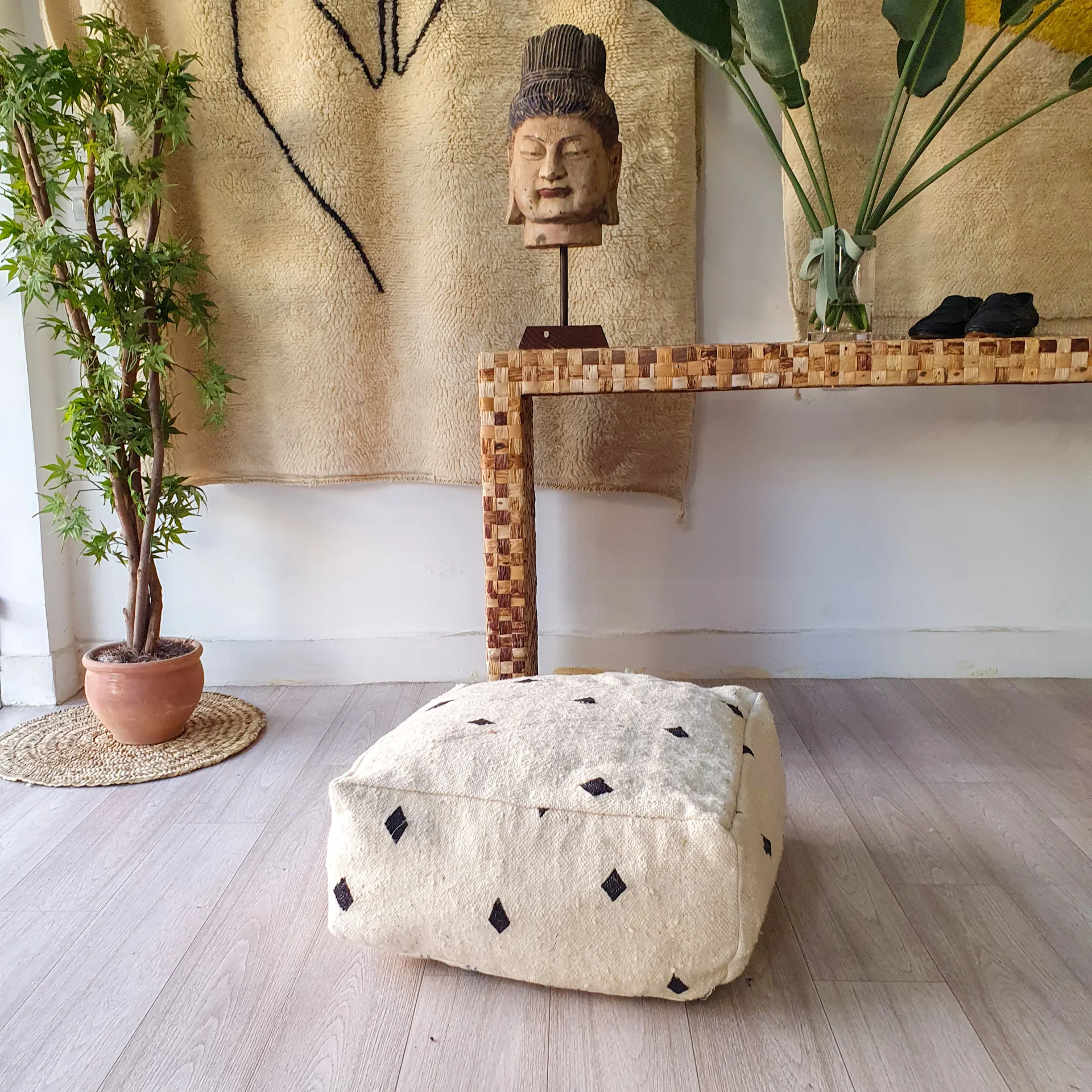 Kilim Creamy Floor Pouf - Image 1 of 4