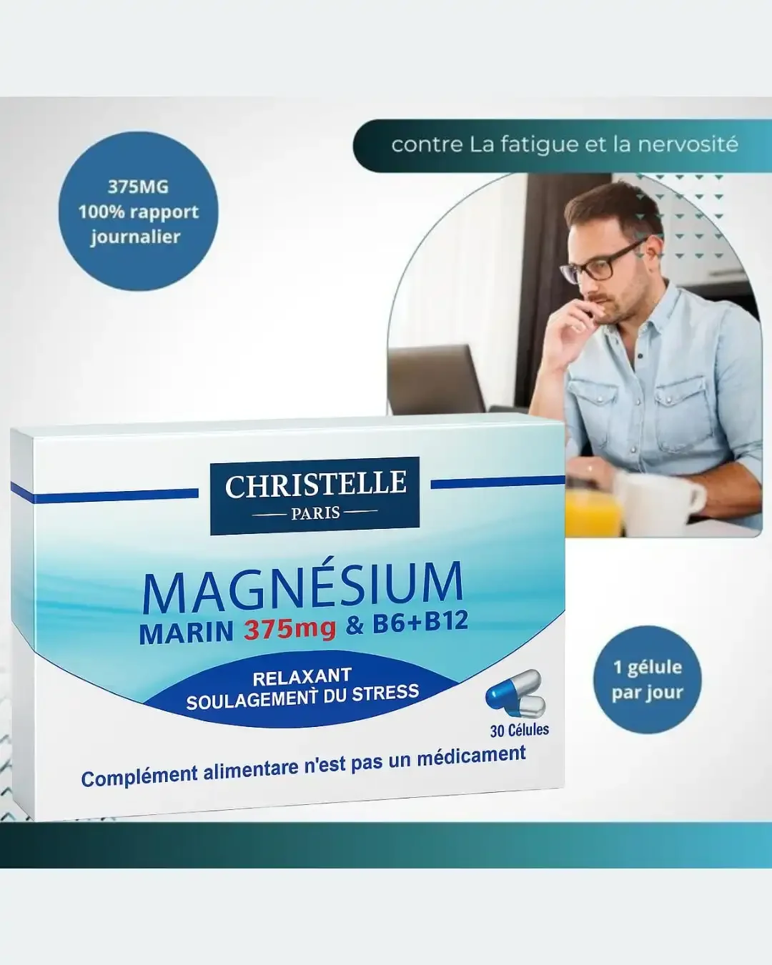 Magnesium Marin 375mg + B6 + B12  - Stress, Fatigue, Soutien Osseux Et Cardiovasculaire - Image 1 of 1