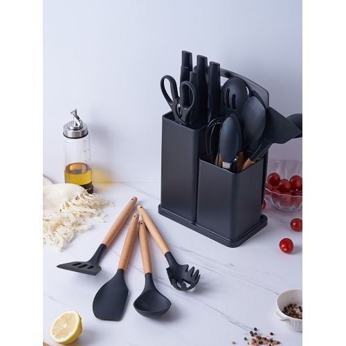 Lot De 19 Ustensiles De Cuisine En Silicone Avec Poignées En Bois, Et Porte-louche - Image 1 of 3