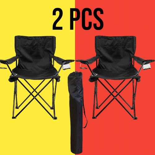 Lot De 2 Siège De Plage Chaise De Camping Fauteuil Munie Dun Porte-gobelet Noir - Image 1 of 3