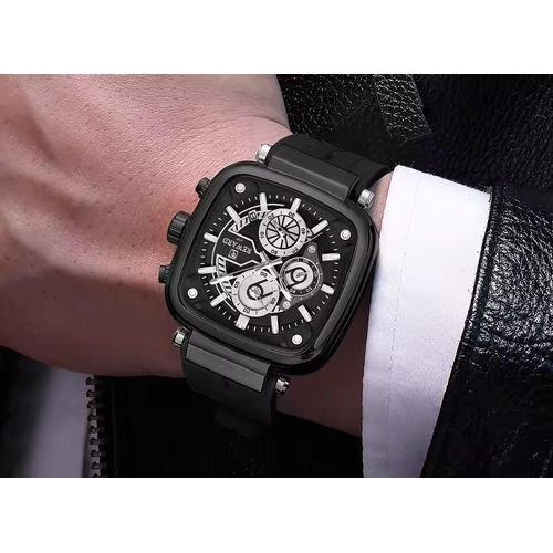 Montre Carrée Bracelet Silicone Calendrier Chronographe Mode Sport Montre Quartz - Image 1 of 3