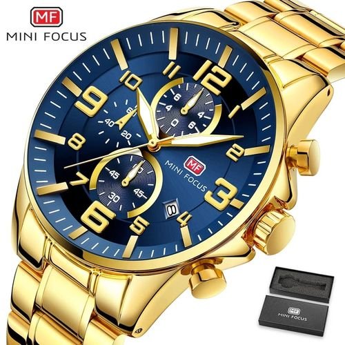 Montre Chronographe Doré Fond Bleu Mouvement Quartz - Image 1 of 3