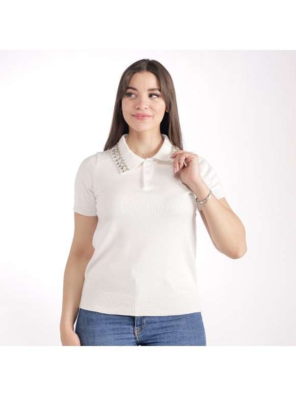 Polo En Maille Fine Avec Col Orné De Perles - Image 1 of 4