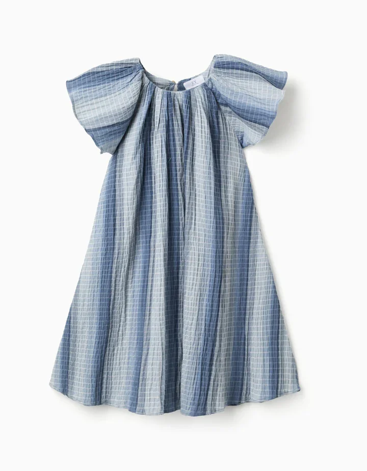 A-line Cotton Dress With Butterfly Sleeves For Girls, Blue - Image 1 of 3