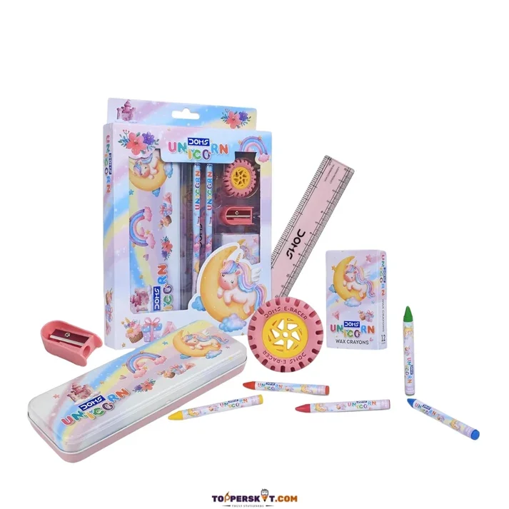 Unicorn Kit - (1 N. Tin Box + 1 N. Wax Crayon Pack (12 Shades) + 2 N. Pencil + 1 N. Eraser + 1 N. Scale + 1 N. Sharpner) - Image 1 of 1