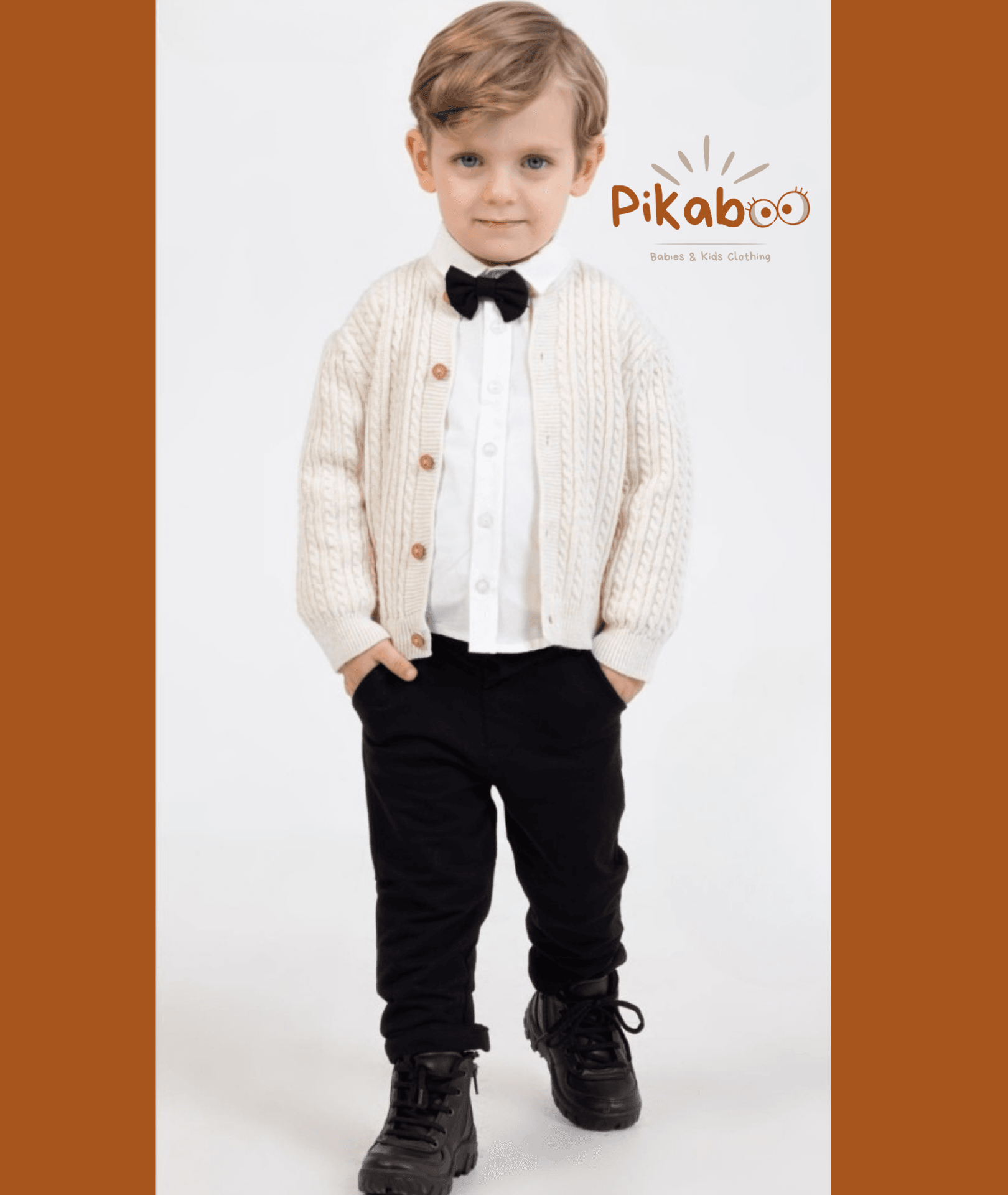 Tenue Petit Bonhomme Grande Soirée Avec Pull En Maille Écru Et Nœud Papillon - Image 1 of 1