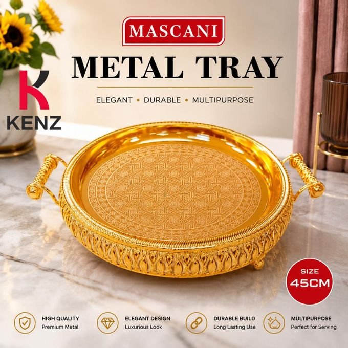 Plateau De Service Rond En Métal Doré Ø45 Cm Avec Poignées – Mascani - Image 1 of 1