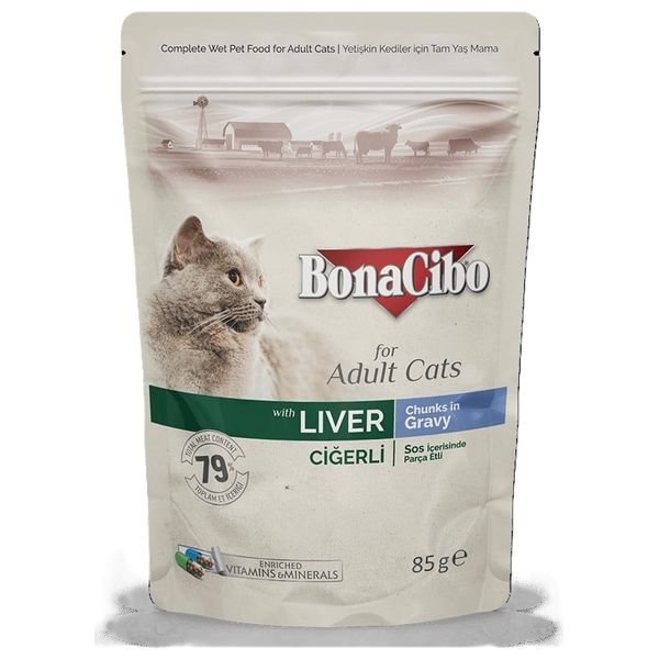 Bonacibo Adult Cat Wet Food Liver Chunks In Gravy - 85g - Image 1 of 1