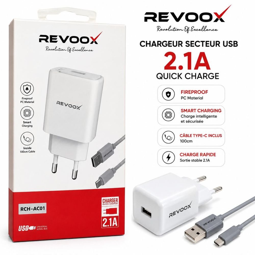 Chargeur Secteur Usb 2.1a Avec Câble Type-c – Quick Charge – Smart Charging – 100 Cm - Image 1 of 1