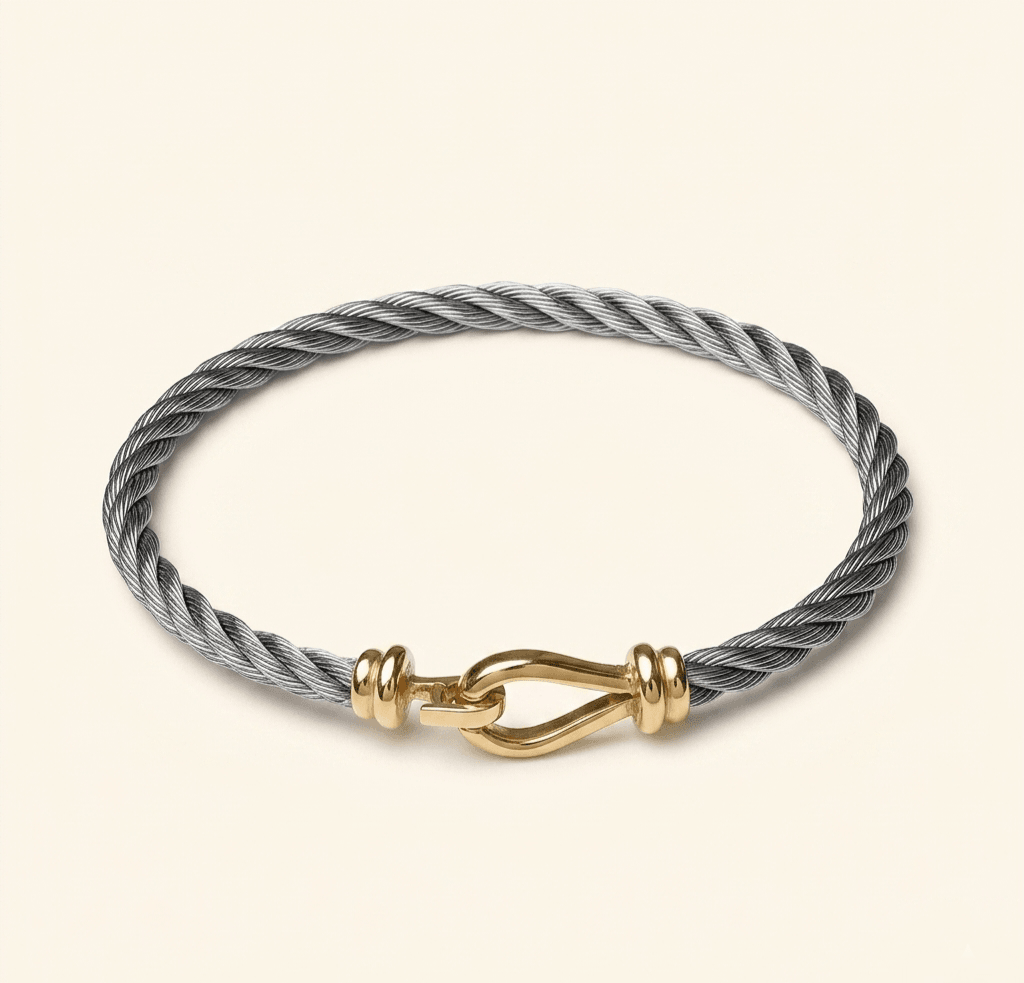 Bracelet Câble Signature En Or Jaune 18 Carats Acier Tressé  - Image 1 of 2