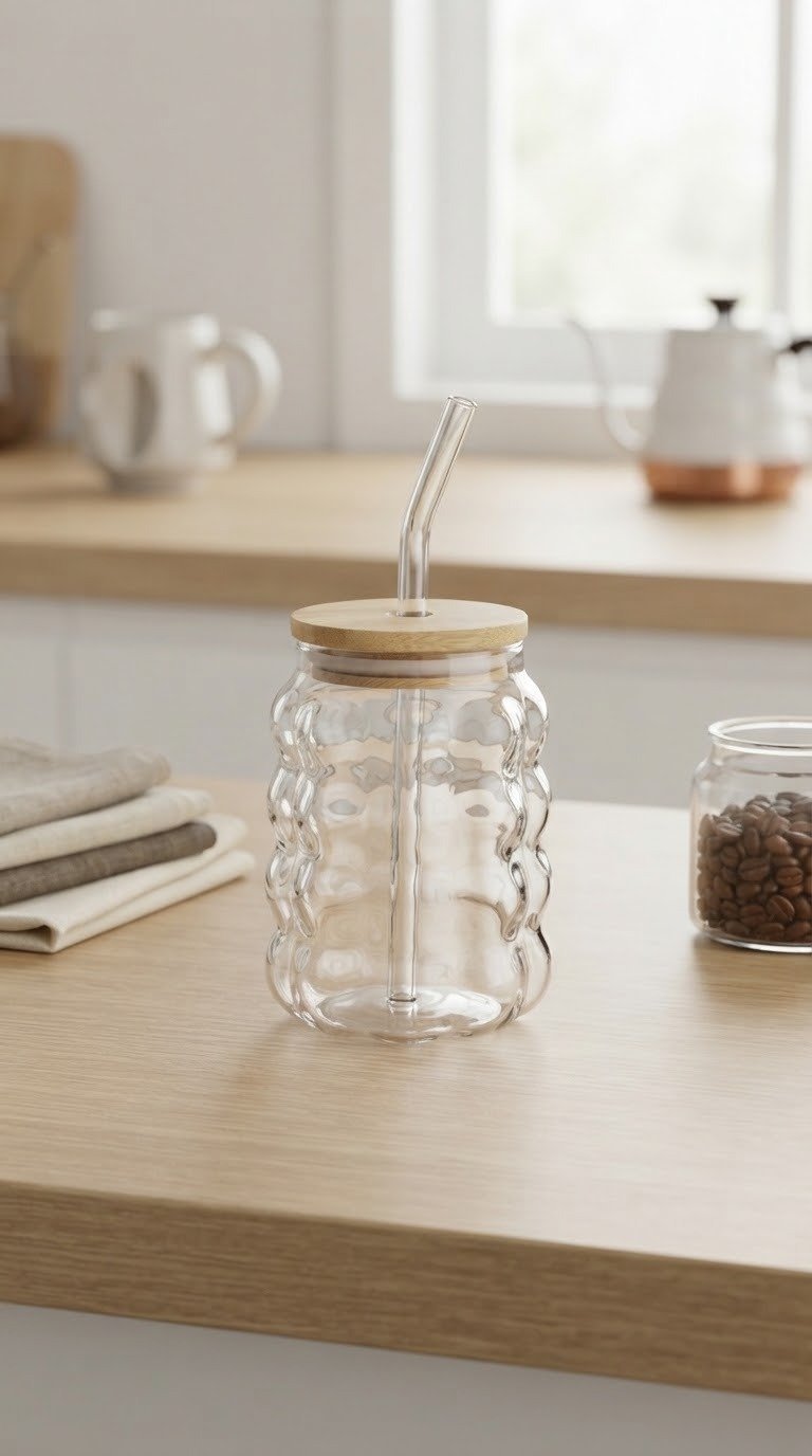 Tasse Bubble En Verre Avec Couvercle Bambou Et Paille - Image 1 of 1