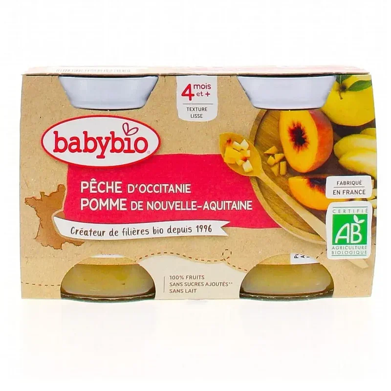Petit Pot Pêche Bio 2x130 G Compote Fruits Bébé Dès 4 Mois Fruits Biologiques Sans Sucres - Image 1 of 1