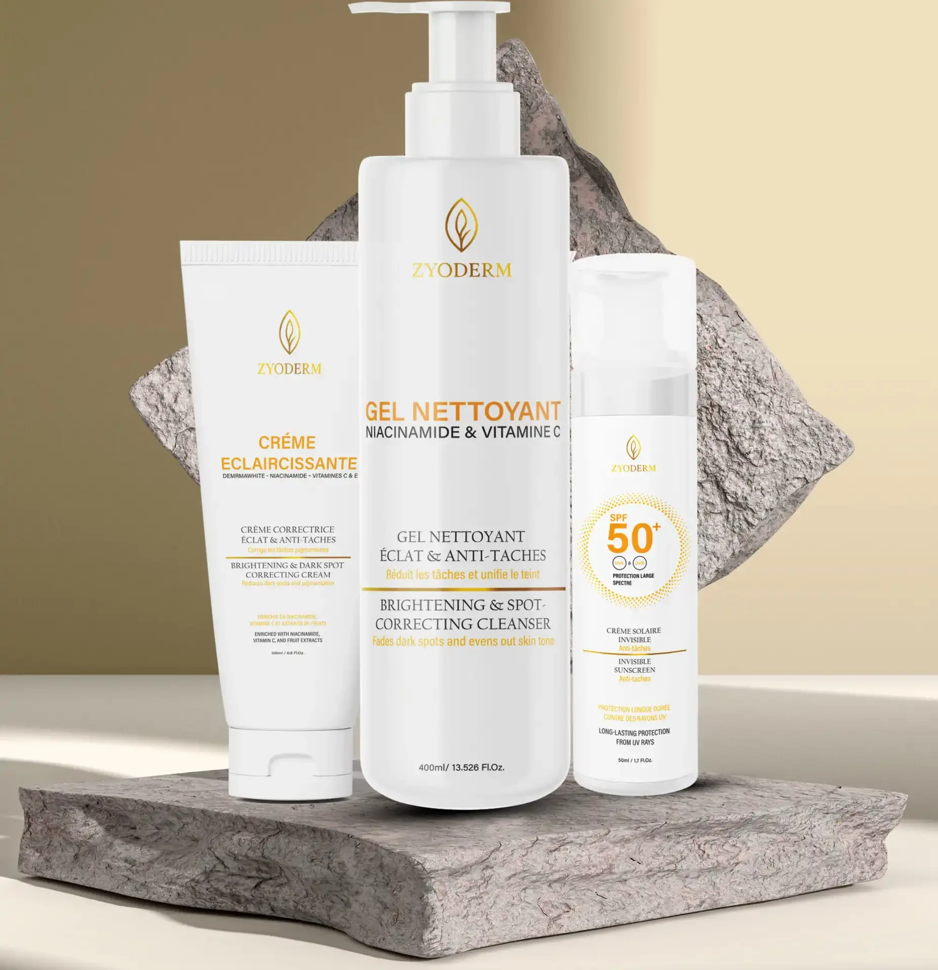 Pack Zyoderm : Crème Solaire Invisible + Crème Éclaircissante + Gel Nettoyant - Image 1 of 4