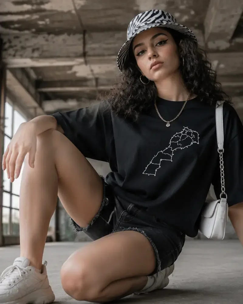 T-shirt Oversize Coton Premium – Imprimé Carte Du Maroc Constellation (disponible En 3 Couleurs) - Image 1 of 1