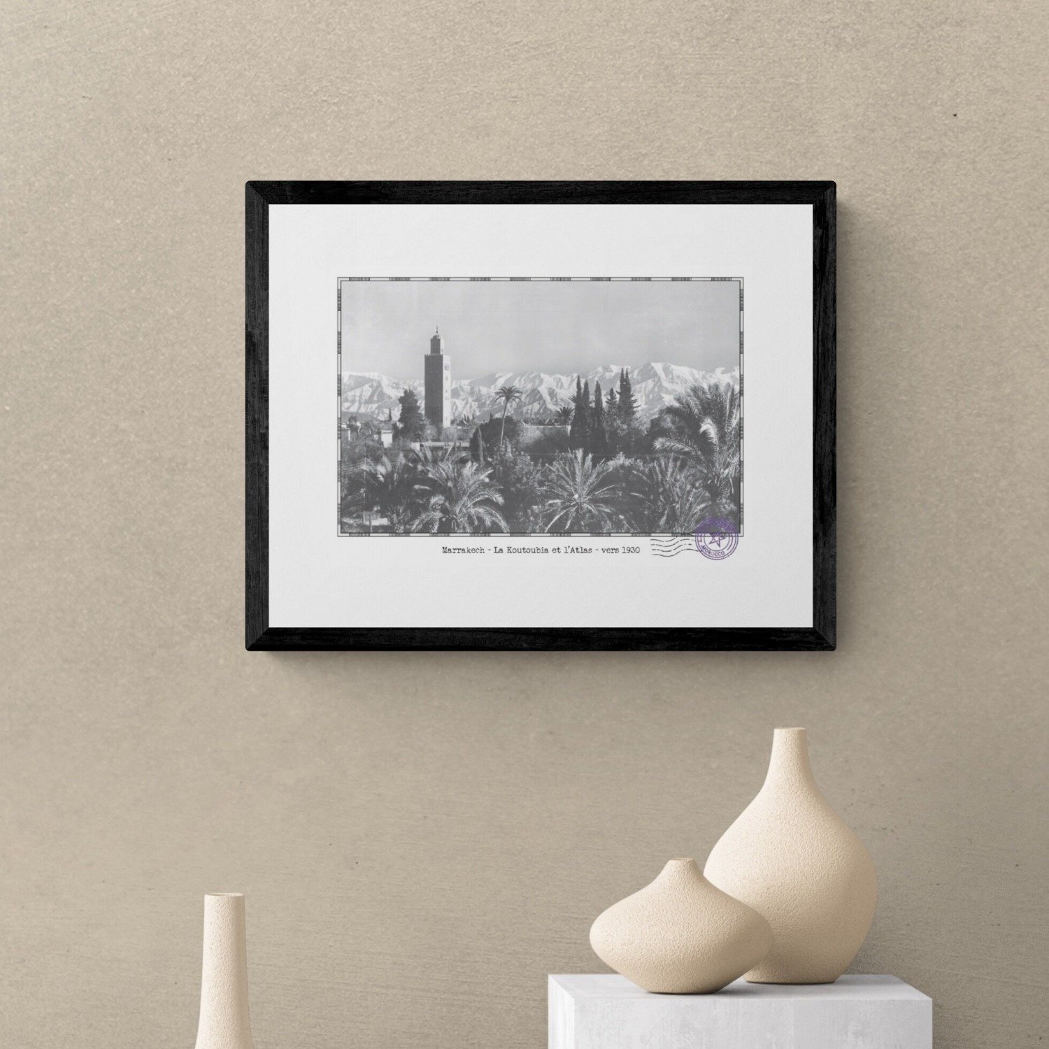 Affiche d'une vue ancienne de Marrakech - La Koutoubia et l'Atlas - vers 1930 - reproduction - Image 1 of 4