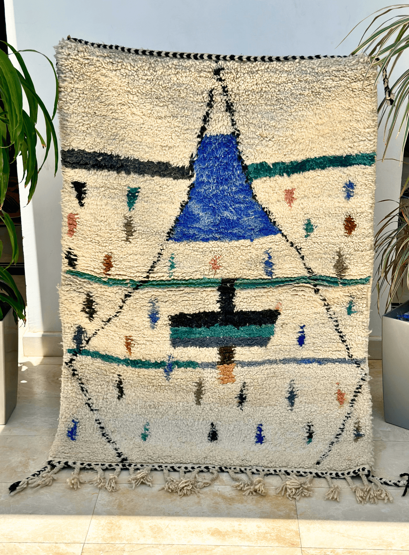 Tapis berbère Azilal crème, bleu 100% laine de mouton 150cm/105cm - Image 1 of 2