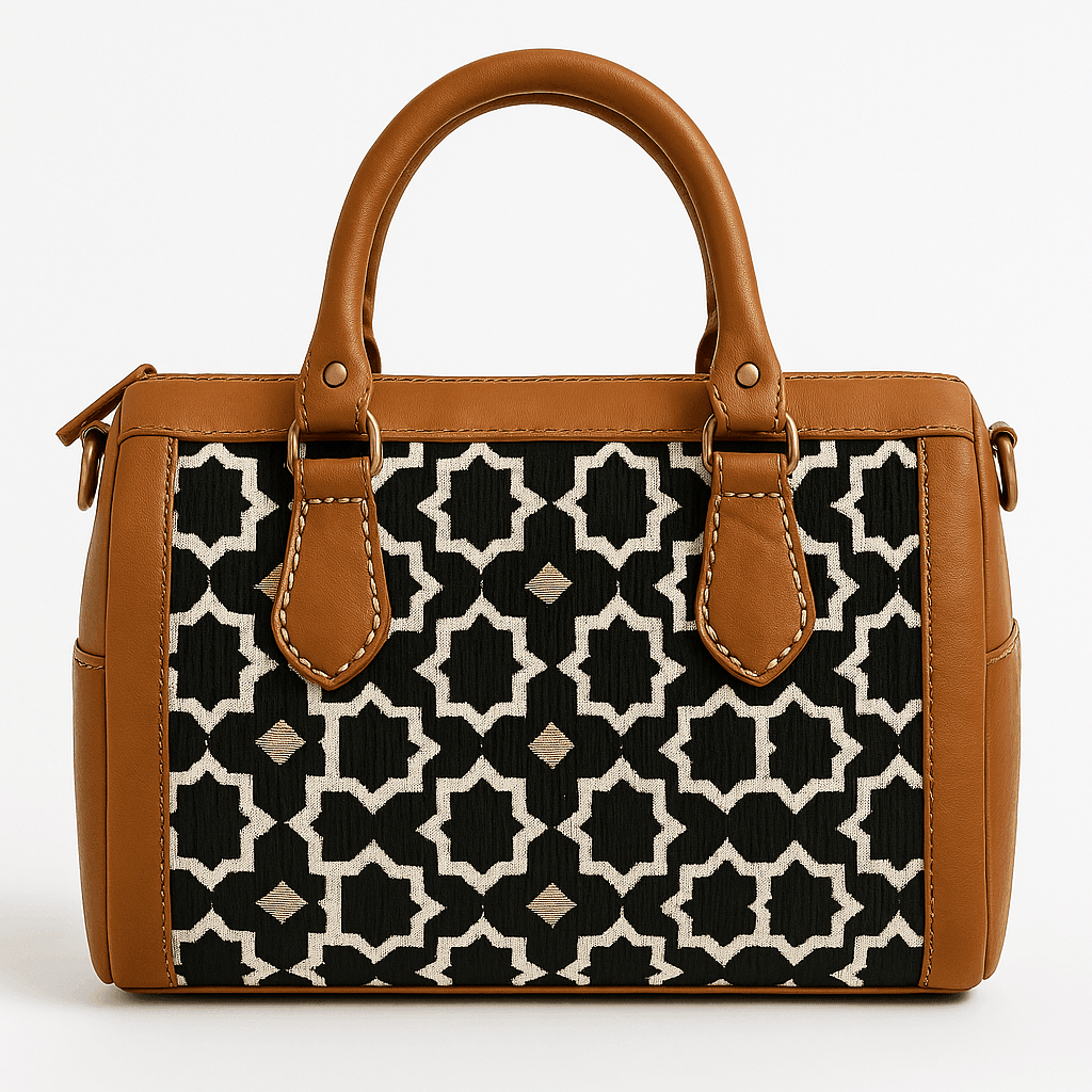Sac artisanal en cuir fauve avec motif marocain noir - Image 1 of 2