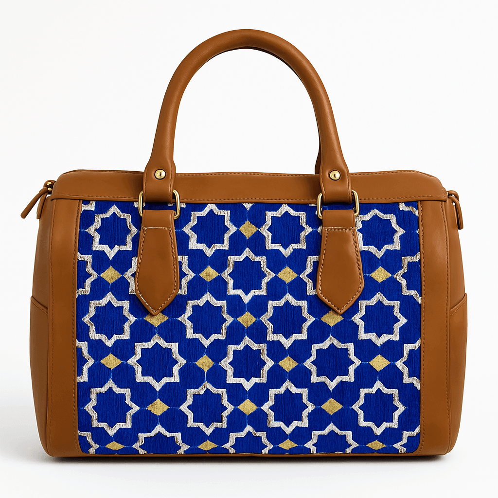 Sac en cuir de couleur havane avec motif marocain bleu - Image 1 of 3