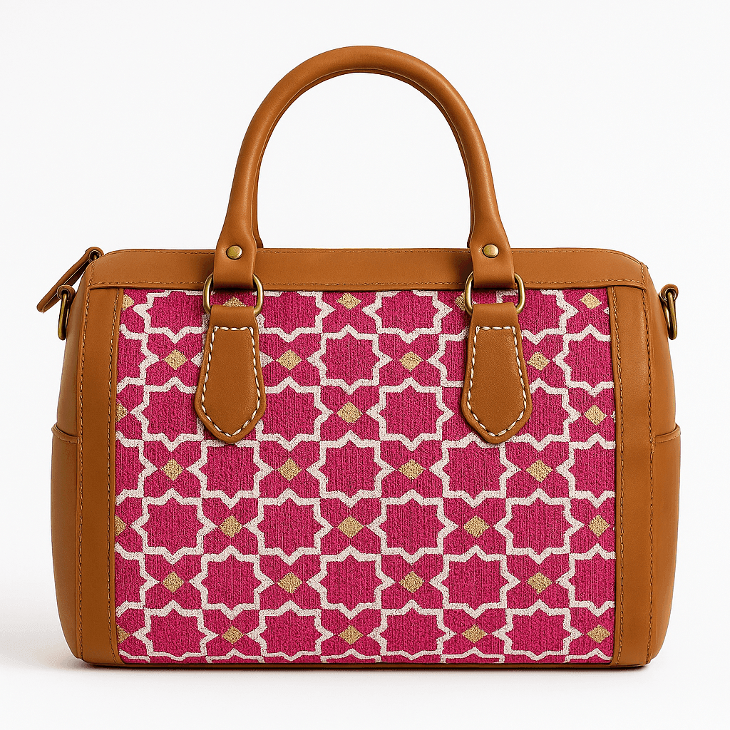 Sac en cuir tan avec motif marocain rose - Pièce unique faite à la main - Image 1 of 3