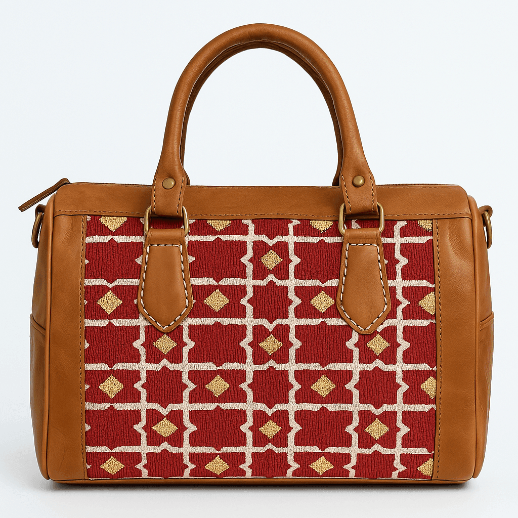 Tan sac à main en cuir marocain avec motif géométrique marocain rouge - Image 1 of 3