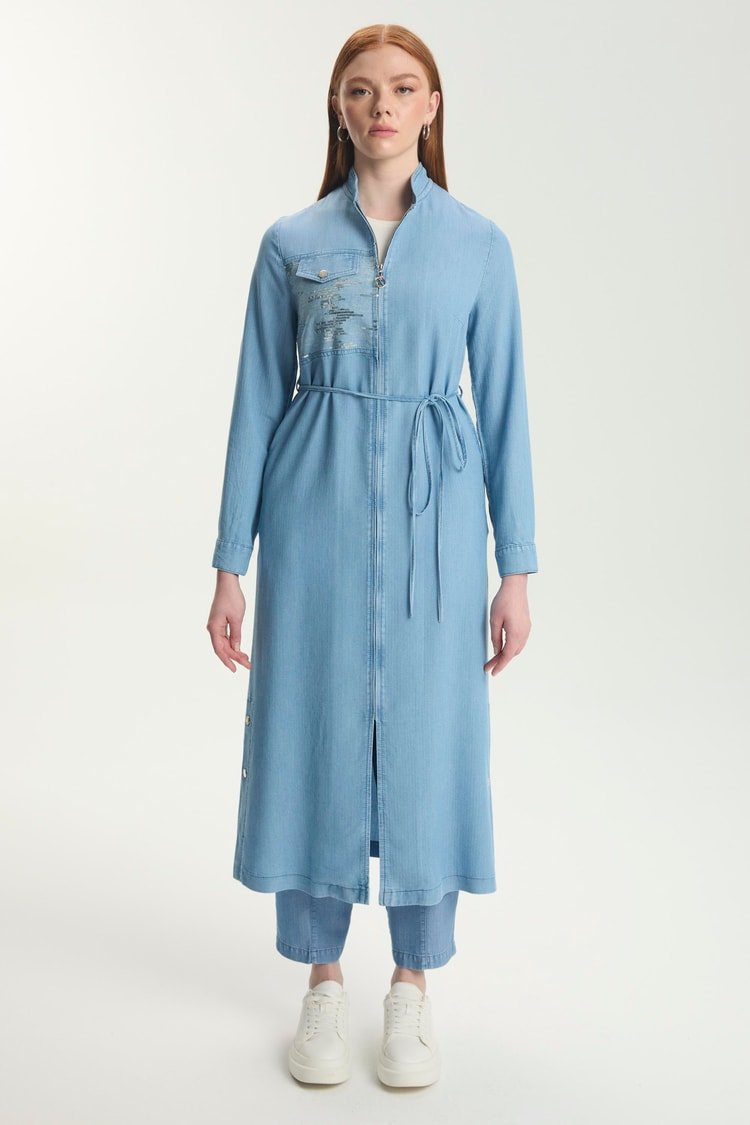 Zippered Belted Blue Dress - Image 1 of 5