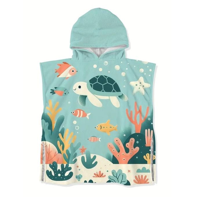 Serviette à Capuche Enfant – Motif Tortue & Poissons – Douce, Légère & Fun – 3 à 10 Ans - Image 1 of 4