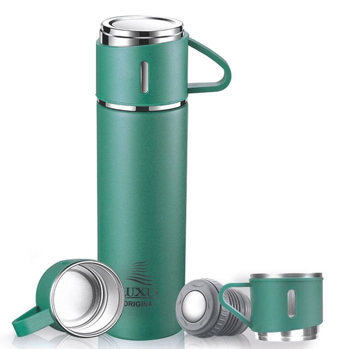 Coffret cadeau - LUXUS - Thermos 500 ml - 3 tasses isothermes - Acier inoxydable - Vert - Image 1 of 4