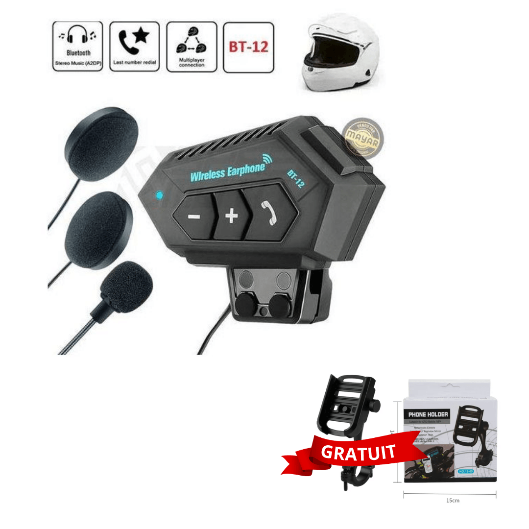 Casque Bluetooth Moto Bt12 – Étanche, Micro Intégré, Contrôle Musique+ Support Moto - Image 1 of 8