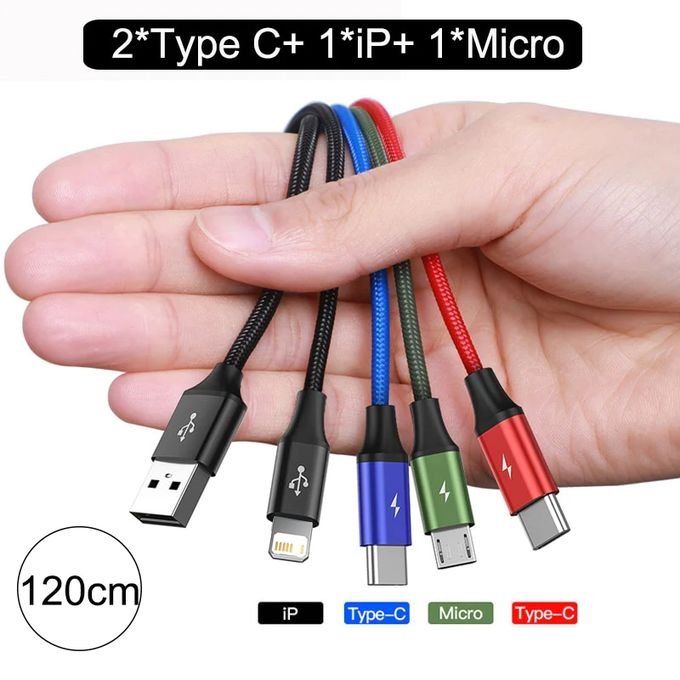 Câble USB 4 en 1 Charger Fast Quatre Appareils Même Temps iPh + Micro + 2 Type-C - Image 1 of 8