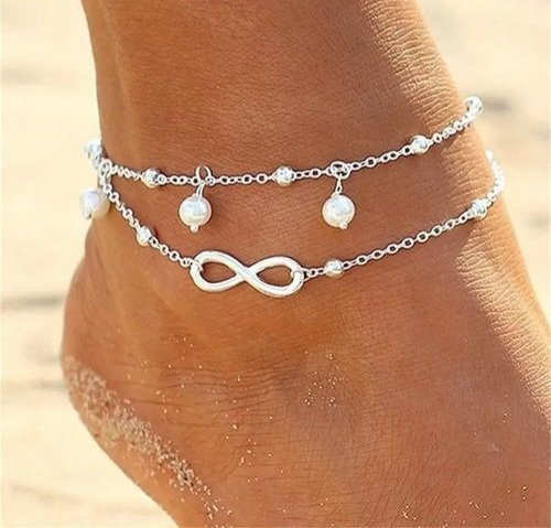 Bracelet de cheville double chaine Infini avec perles Ajustable. - Image 1 of 5