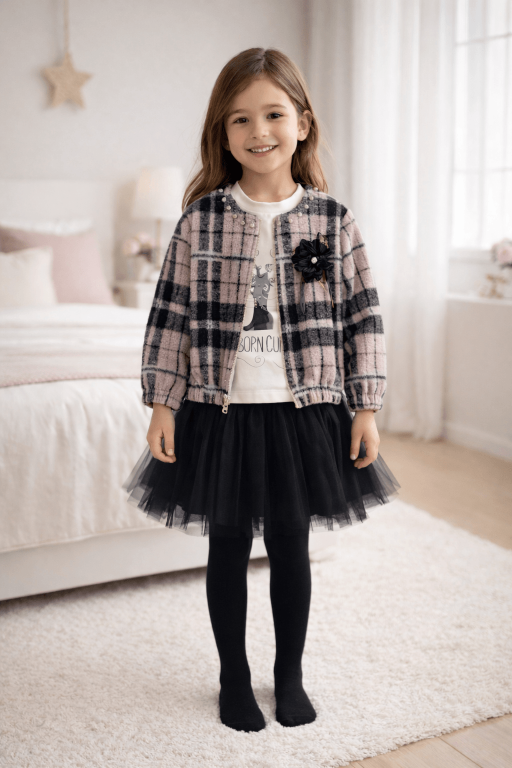 Ensemble Fille Élégant À Carreaux Avec Jupe En Tulle - Image 1 of 1