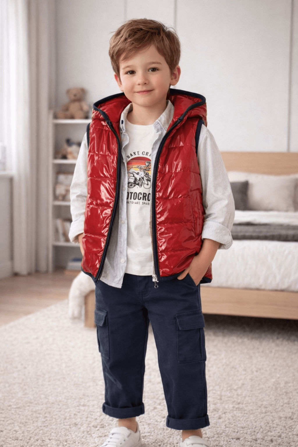 Ensemble Garçon Gilet Matelassé Sans Manches, Chemise, T-shirt Et Pantalon Cargo - Image 1 of 1