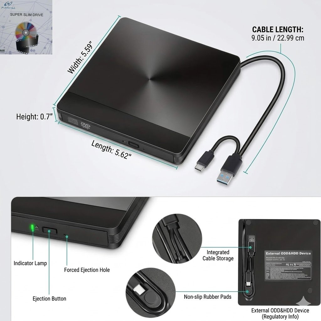 Lecteur Dvd Externe Usb 3.0 & Type-c – Lecteur / Graveur Cd-dvd Portable - Image 1 of 1