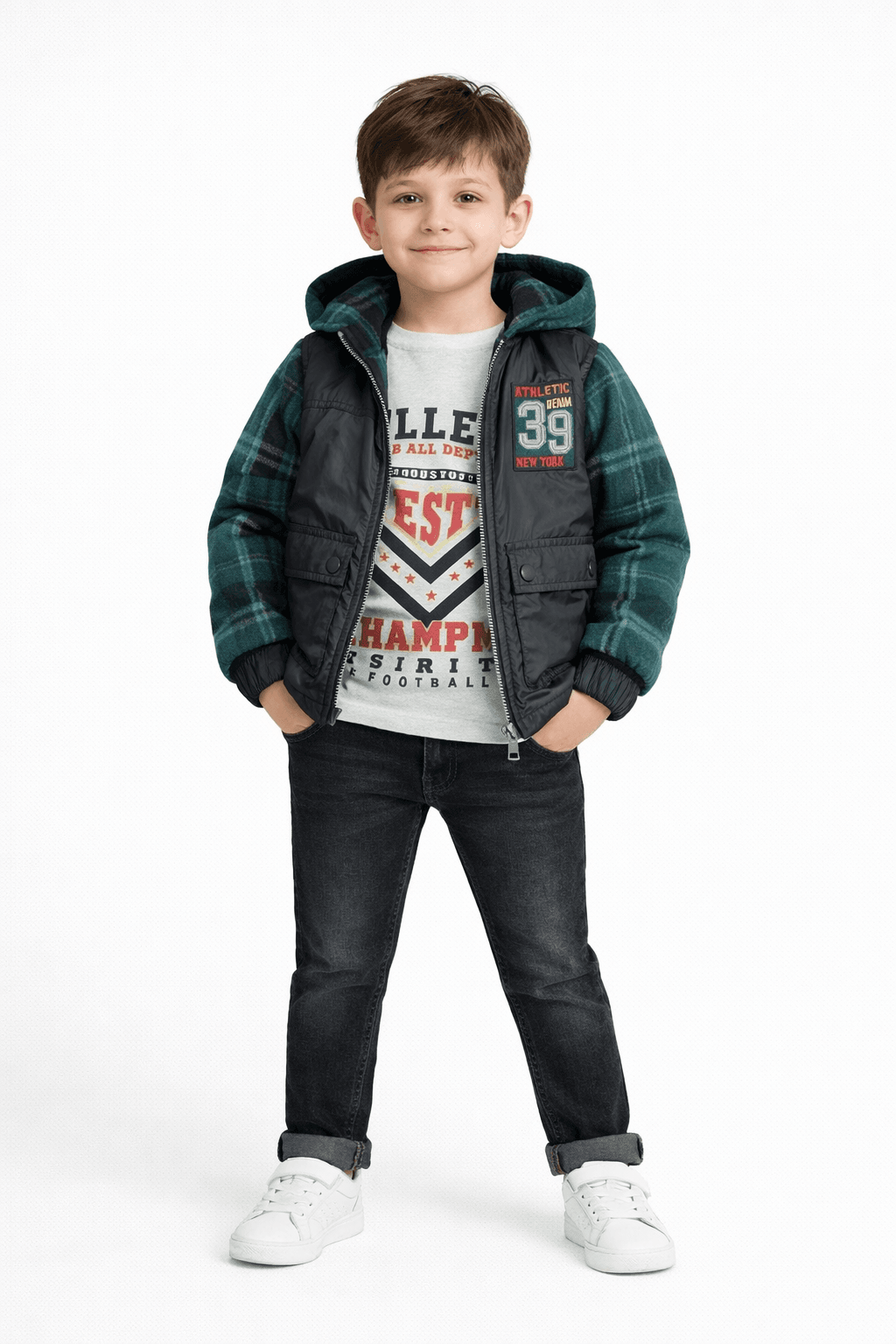 Veste Garçon Avec Capuche Tricot En Coton + Jean Noir – Style Sport - Image 1 of 2
