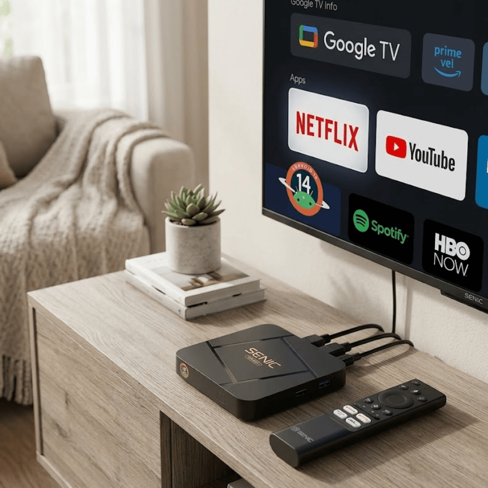 Tv Box Senic Sc-500 – Android 14 Google Tv 4k Uhd Wifi Double Bande + Télécommande Bluetooth - Image 1 of 4