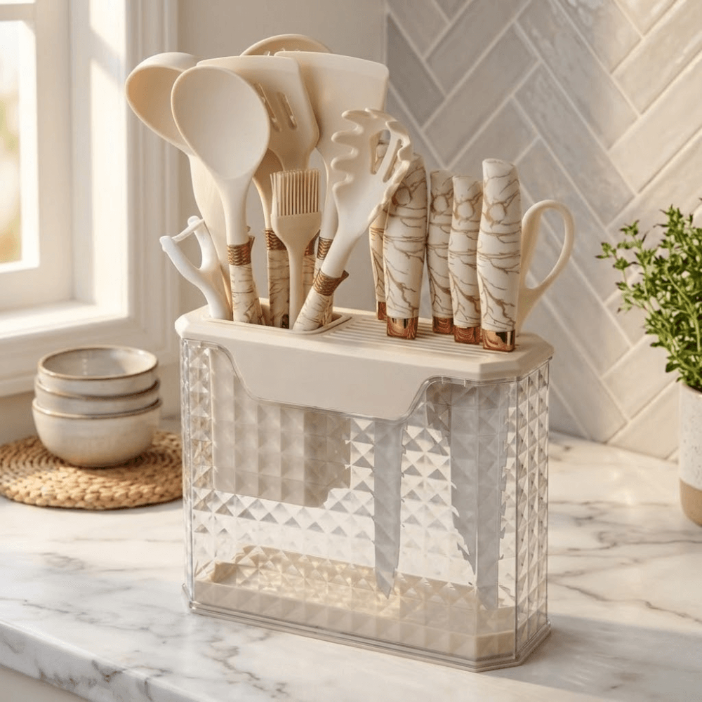 Set Dustensiles De Cuisine Premium – 16 Pièces Avec Support Design Marbre - Image 1 of 6