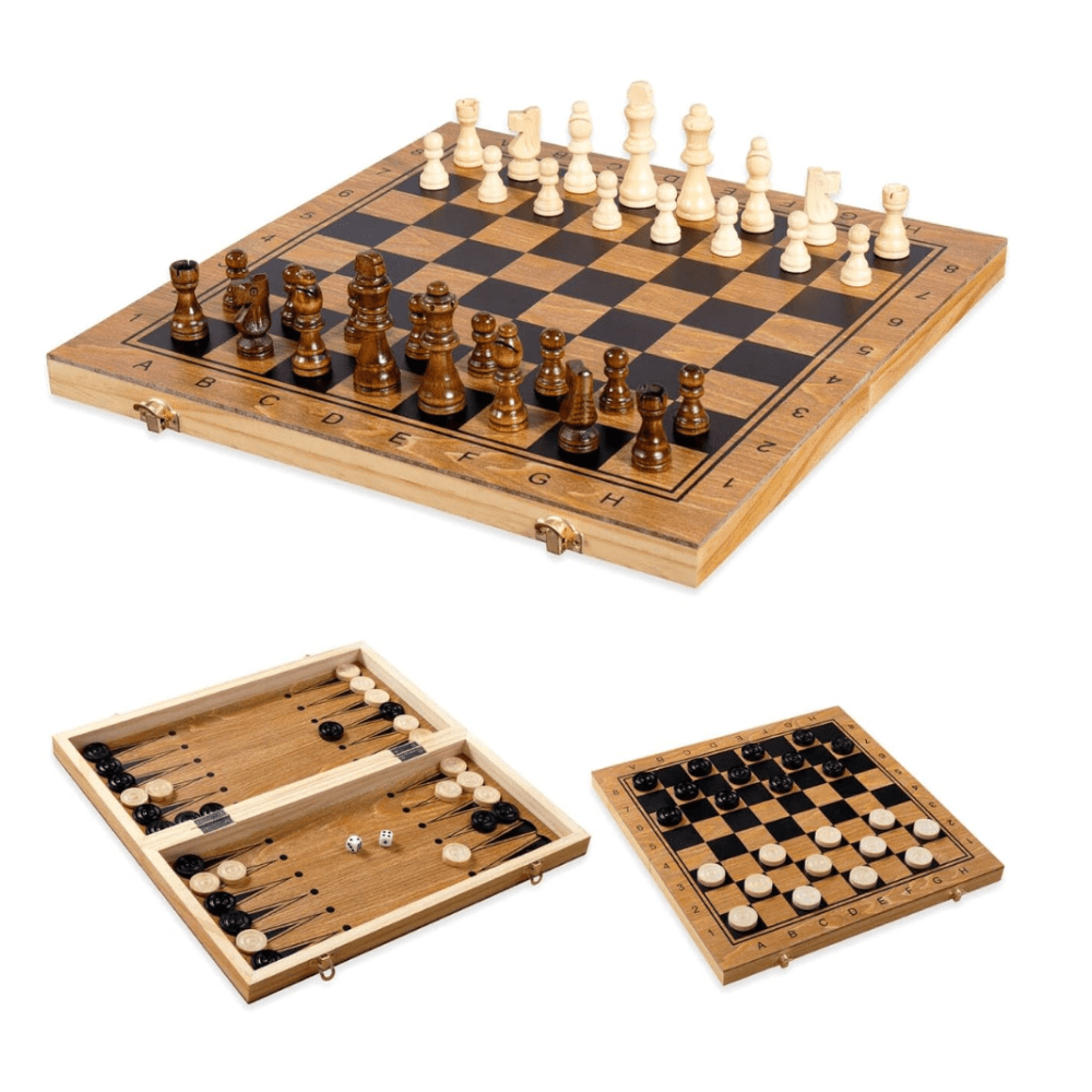 Jeu De Société 3 En 1 En Bois – Echecs, Dames Et Backgammon - Image 1 of 4